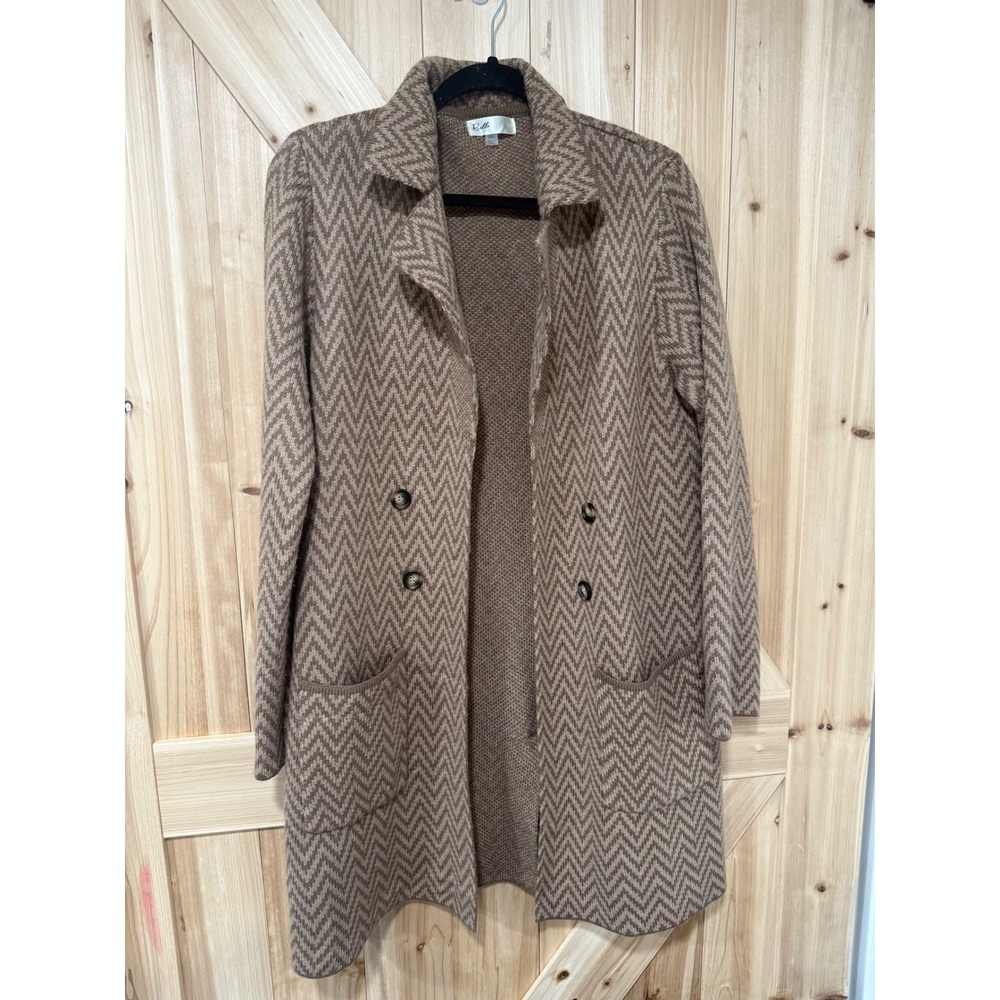 Rielle Women Brown Herringbone Longline Cardigan Sweater Coat Medium